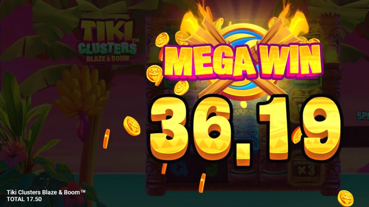 Tiki Clusters Blaze & Boom slot gameplay dengan tema tropis dan simbol Tiki yang cerah
